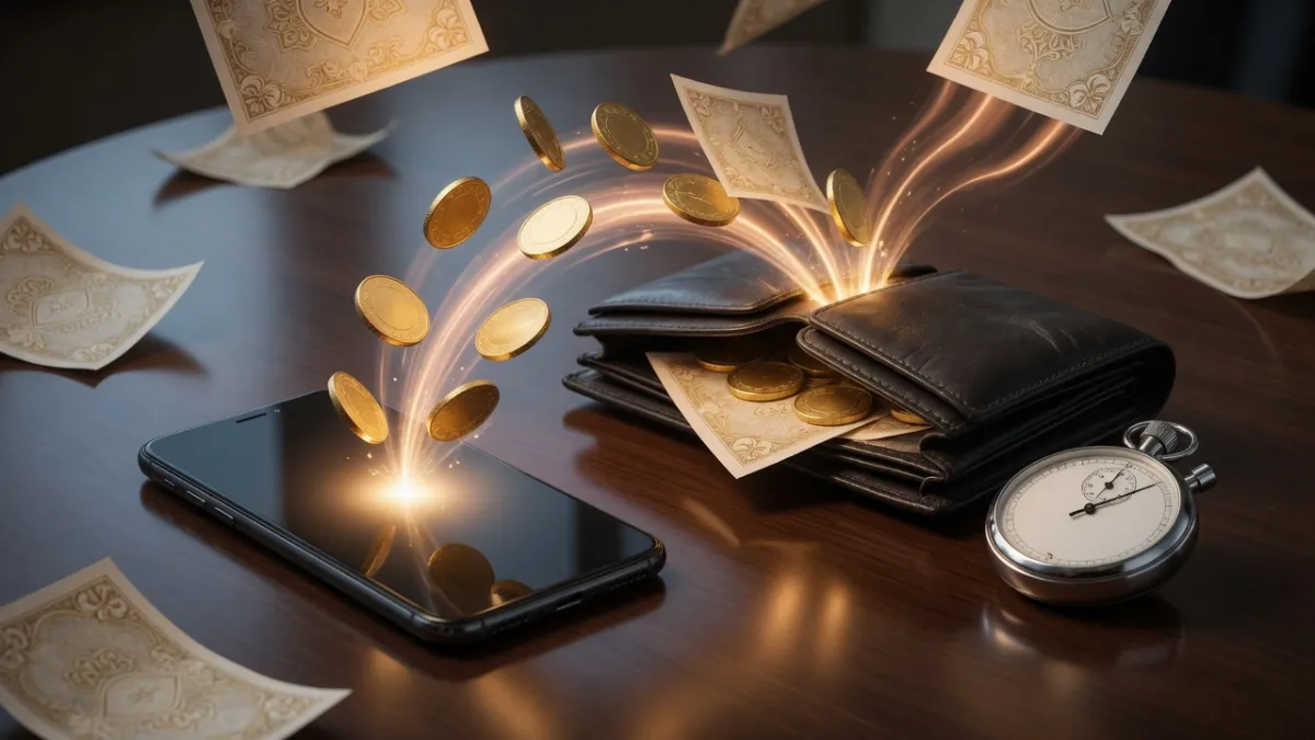 Goldmünzen, Smartphone und Stoppuhr – schnelle Auszahlungen